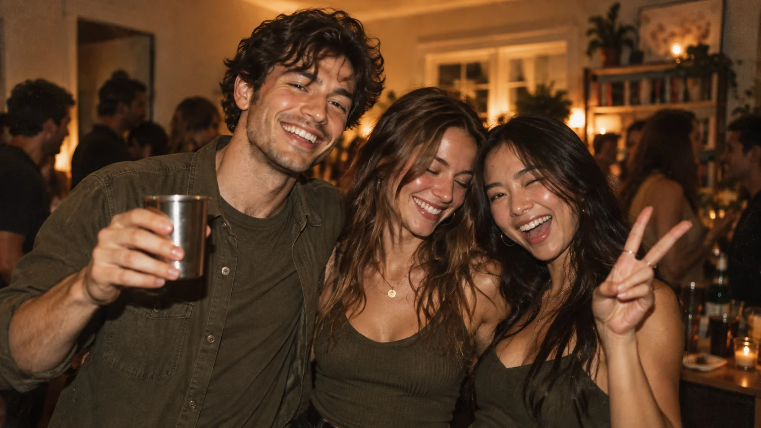 Three fictional adult friends in coordinated olive outfits at a house party