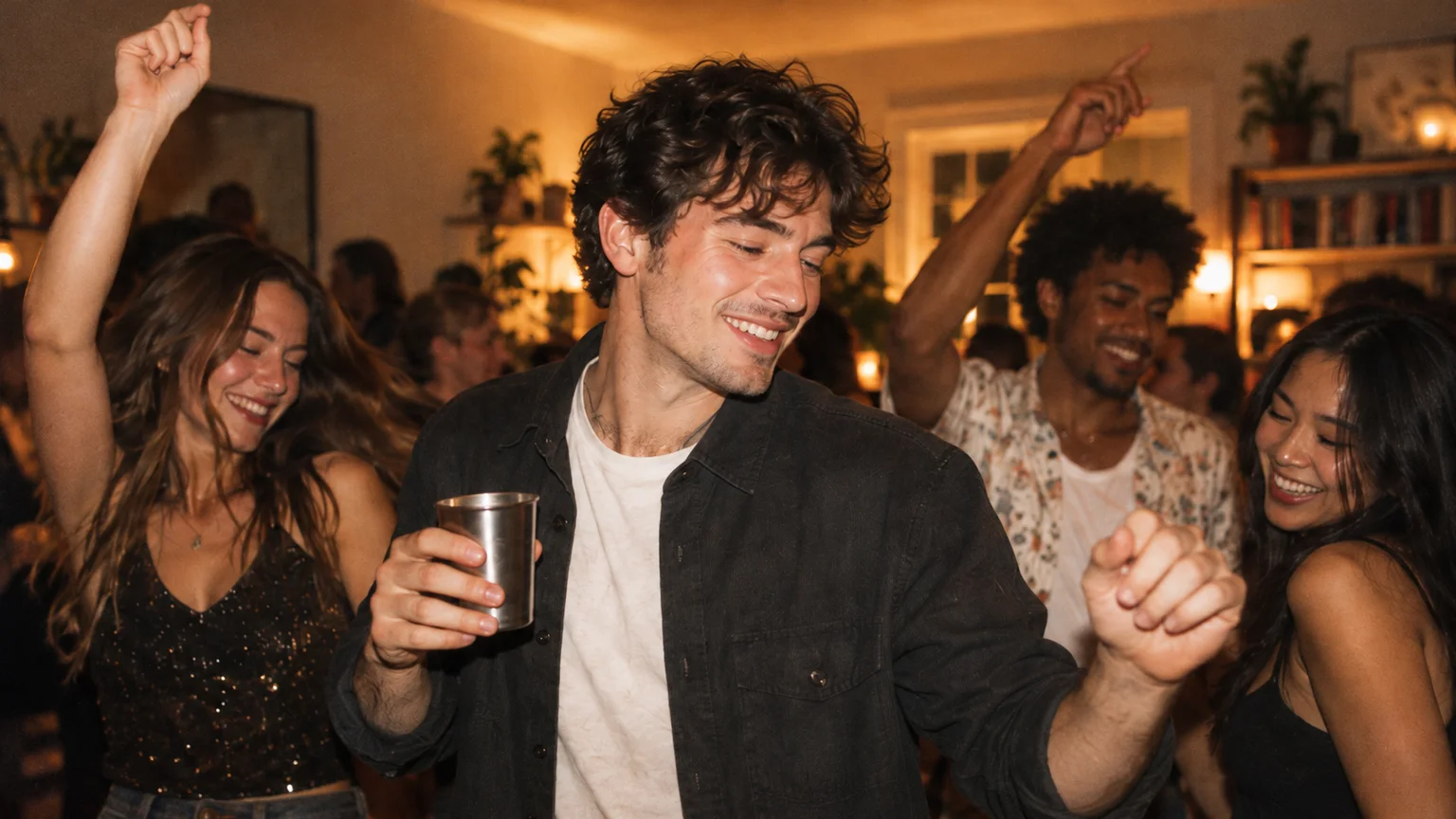 Fictional adult lead holding a metal cup with friends in a warmly lit house party