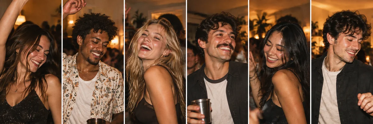 Contact sheet of six fictional adult friends at a party